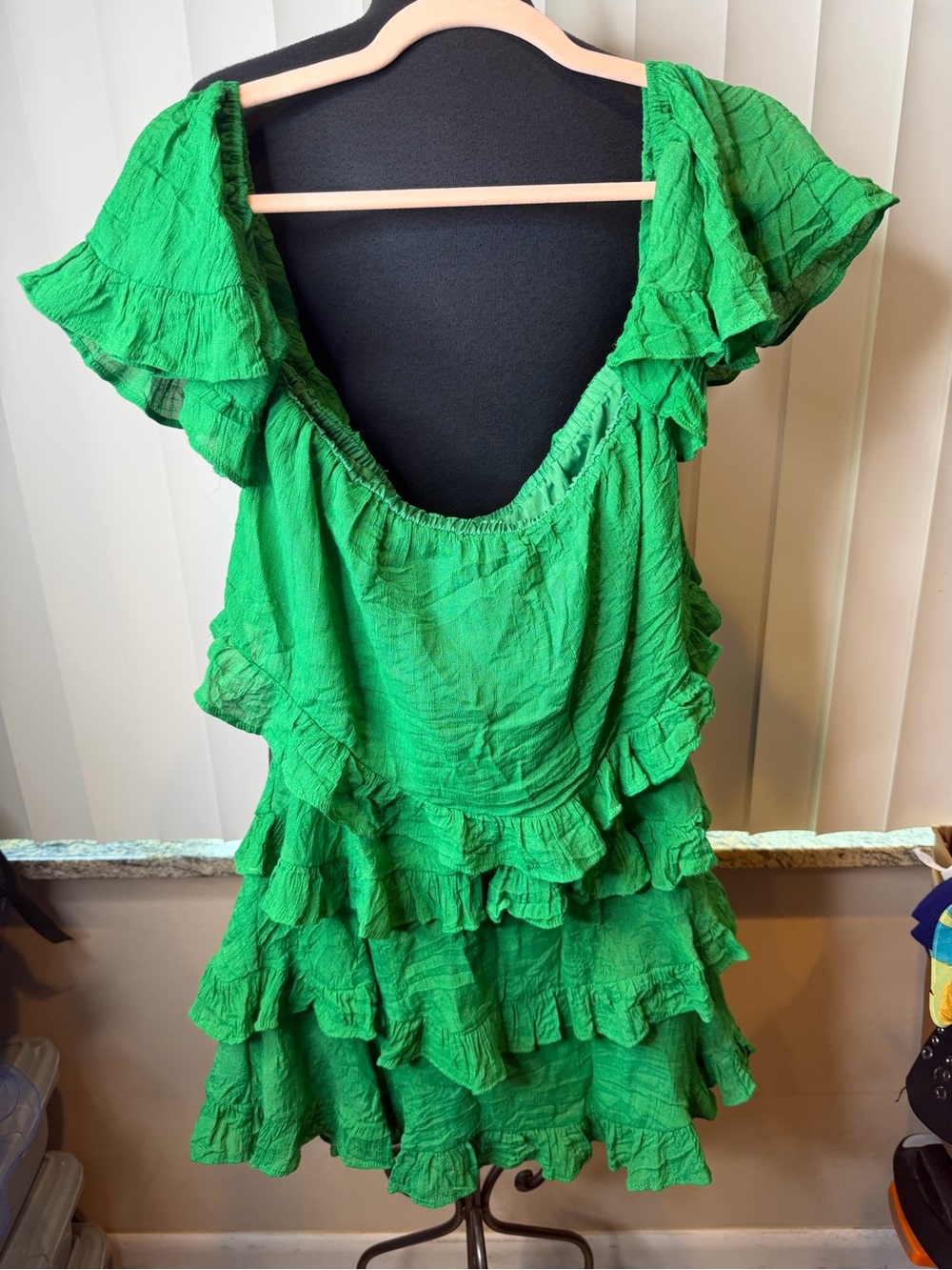 DO+BE Green Crinkle Ruffle Mini Sundress Cap Sleeves Size Small